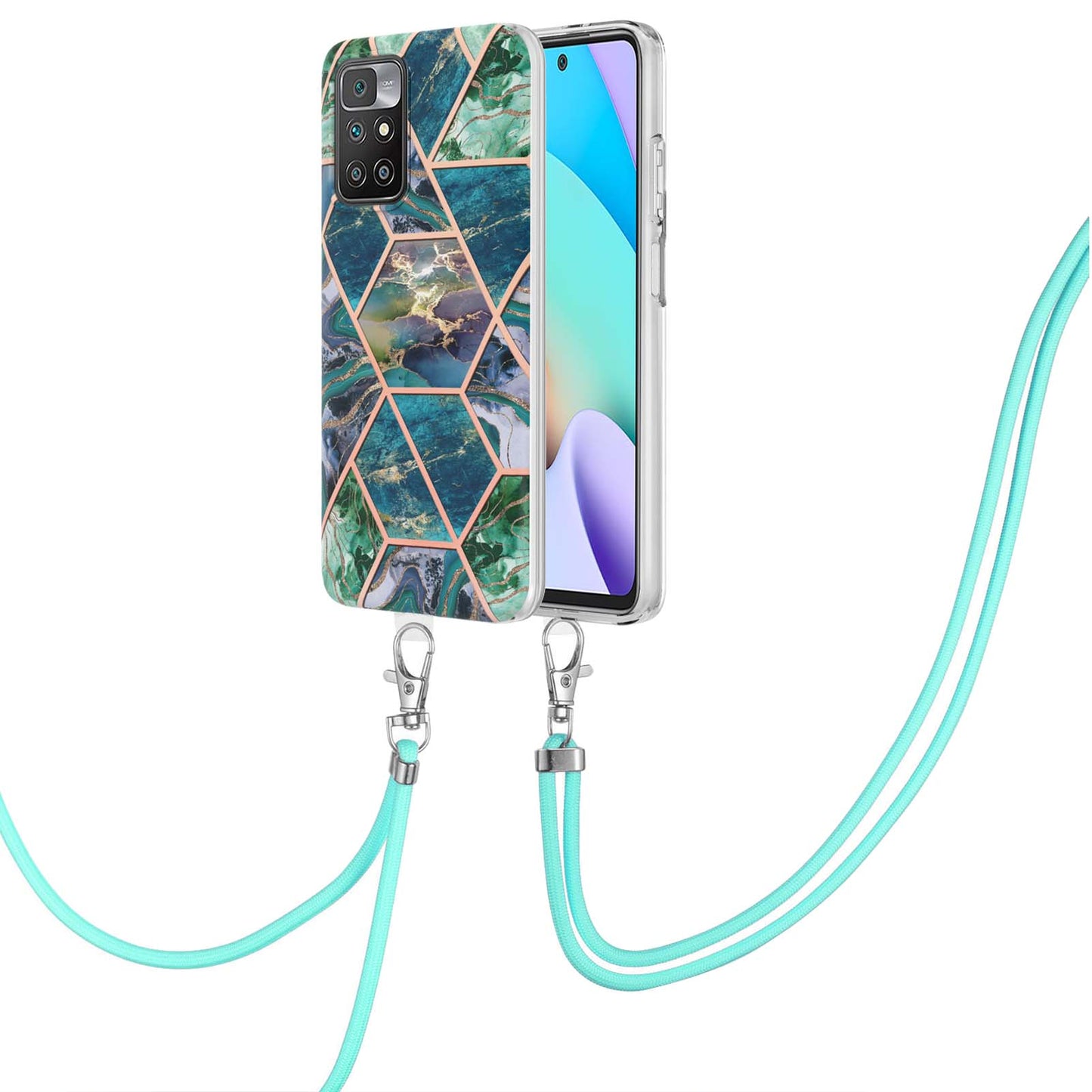 2.0mm Thick Marble Splicing Pattern Ultra Slim Thin Double-sided IMD Electroplating Soft Shockproof TPU Cover with Shoulder Strap for Xiaomi Redmi Note 11 4G (MediaTek)/10 4G (2021)/10 2022 4G/10 Prime