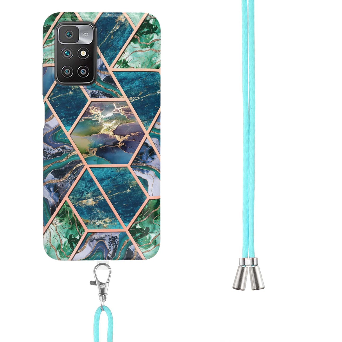 2.0mm Thick Marble Splicing Pattern Ultra Slim Thin Double-sided IMD Electroplating Soft Shockproof TPU Cover with Shoulder Strap for Xiaomi Redmi Note 11 4G (MediaTek)/10 4G (2021)/10 2022 4G/10 Prime