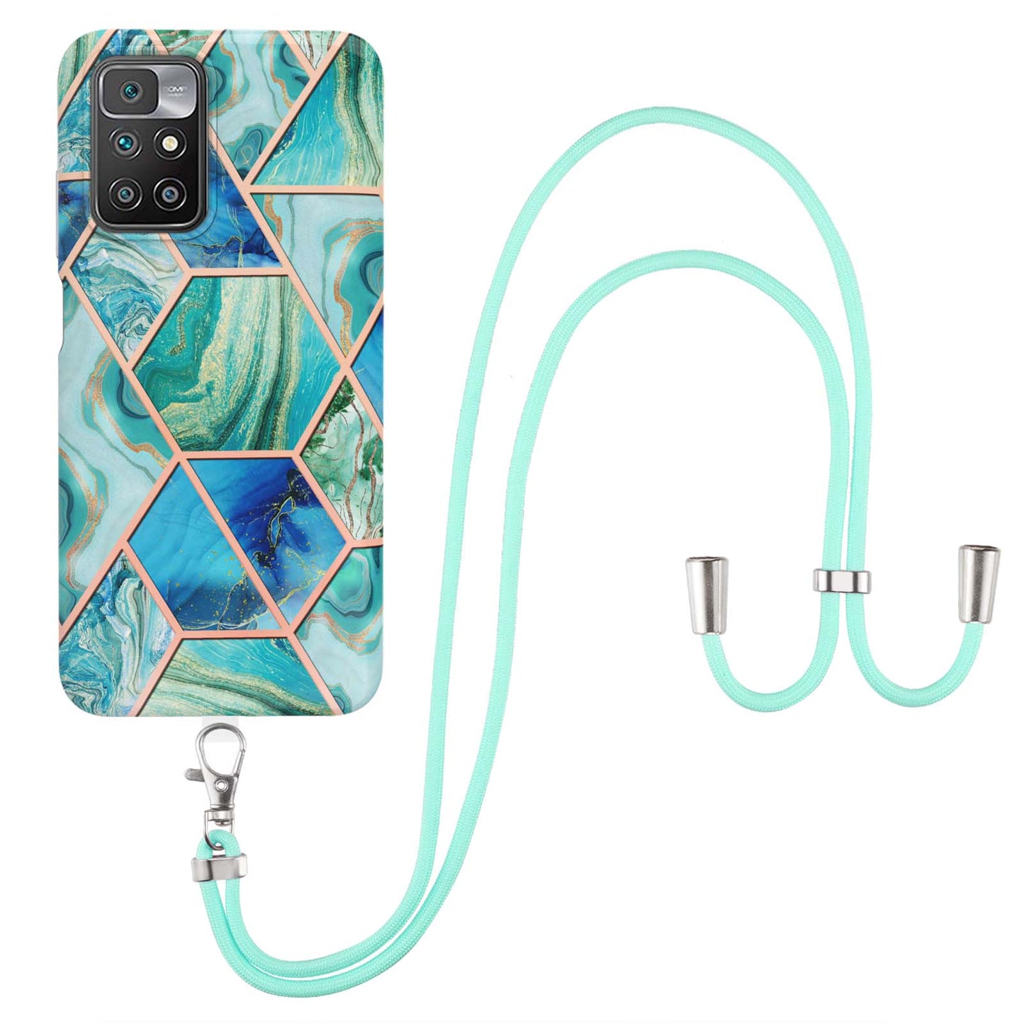 2.0mm Thick Marble Splicing Pattern Ultra Slim Thin Double-sided IMD Electroplating Soft Shockproof TPU Cover with Shoulder Strap for Xiaomi Redmi Note 11 4G (MediaTek)/10 4G (2021)/10 2022 4G/10 Prime