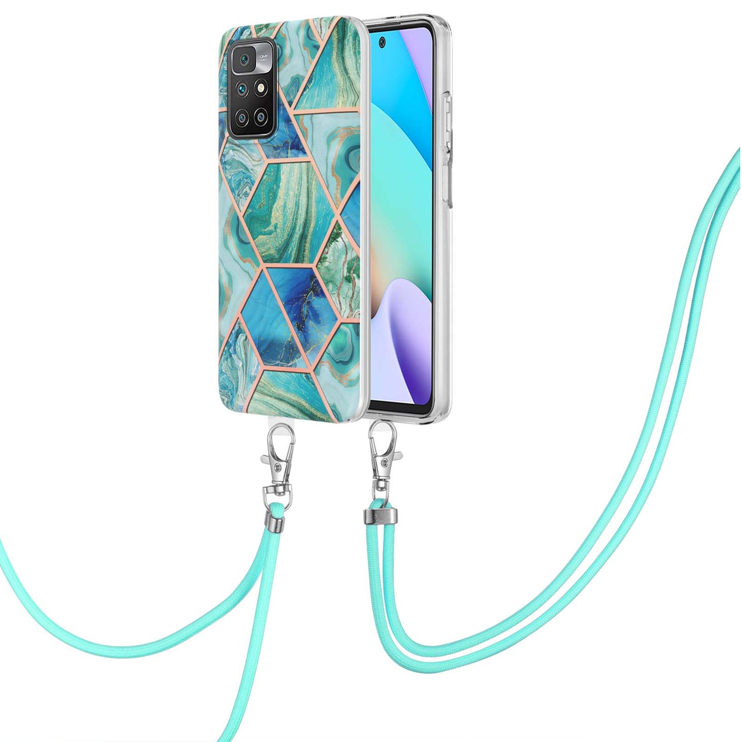 2.0mm Thick Marble Splicing Pattern Ultra Slim Thin Double-sided IMD Electroplating Soft Shockproof TPU Cover with Shoulder Strap for Xiaomi Redmi Note 11 4G (MediaTek)/10 4G (2021)/10 2022 4G/10 Prime