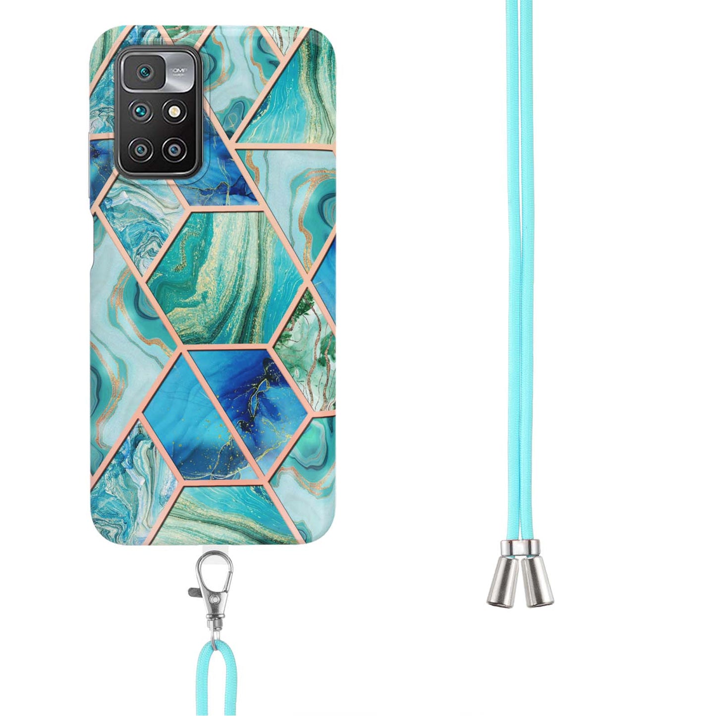 2.0mm Thick Marble Splicing Pattern Ultra Slim Thin Double-sided IMD Electroplating Soft Shockproof TPU Cover with Shoulder Strap for Xiaomi Redmi Note 11 4G (MediaTek)/10 4G (2021)/10 2022 4G/10 Prime