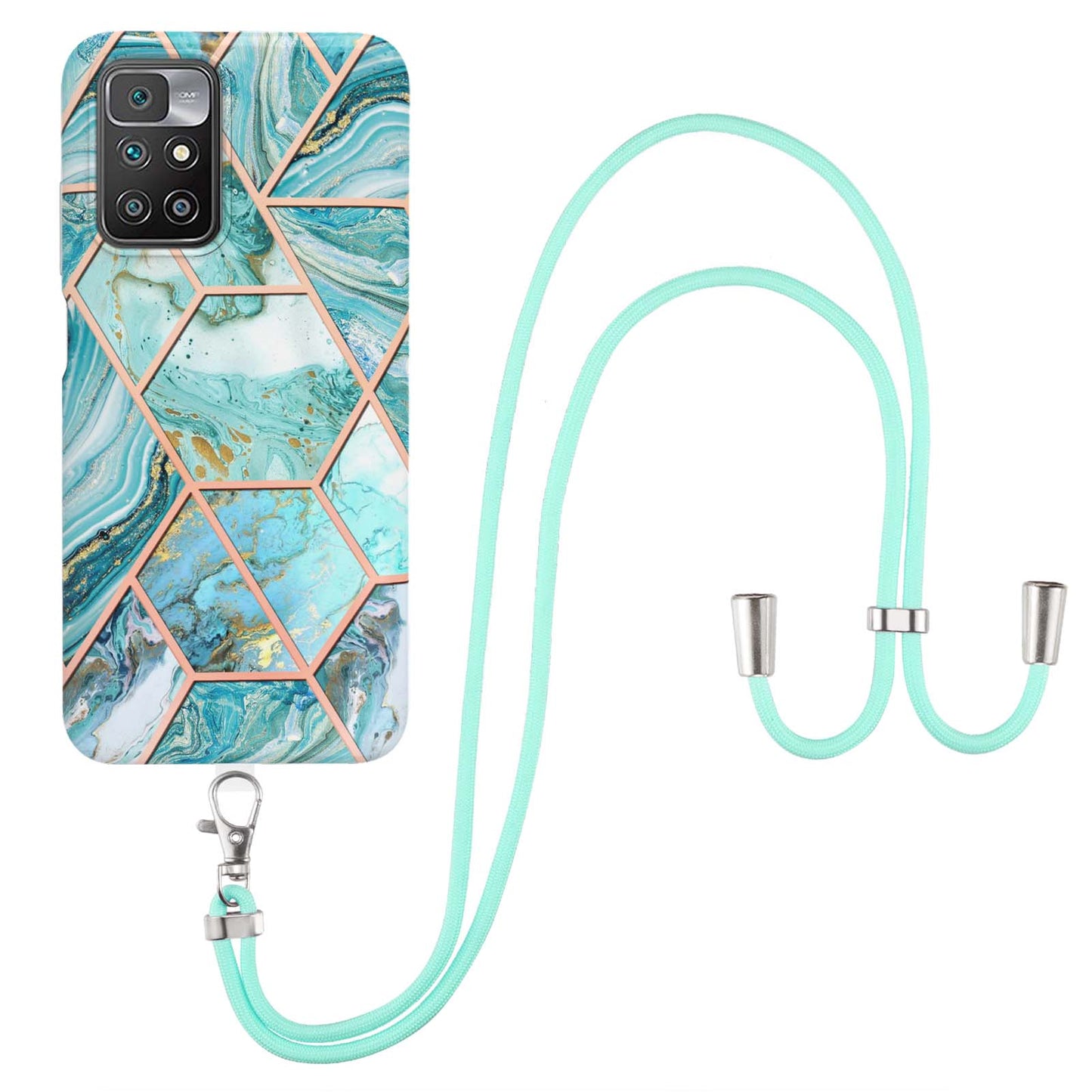 2.0mm Thick Marble Splicing Pattern Ultra Slim Thin Double-sided IMD Electroplating Soft Shockproof TPU Cover with Shoulder Strap for Xiaomi Redmi Note 11 4G (MediaTek)/10 4G (2021)/10 2022 4G/10 Prime