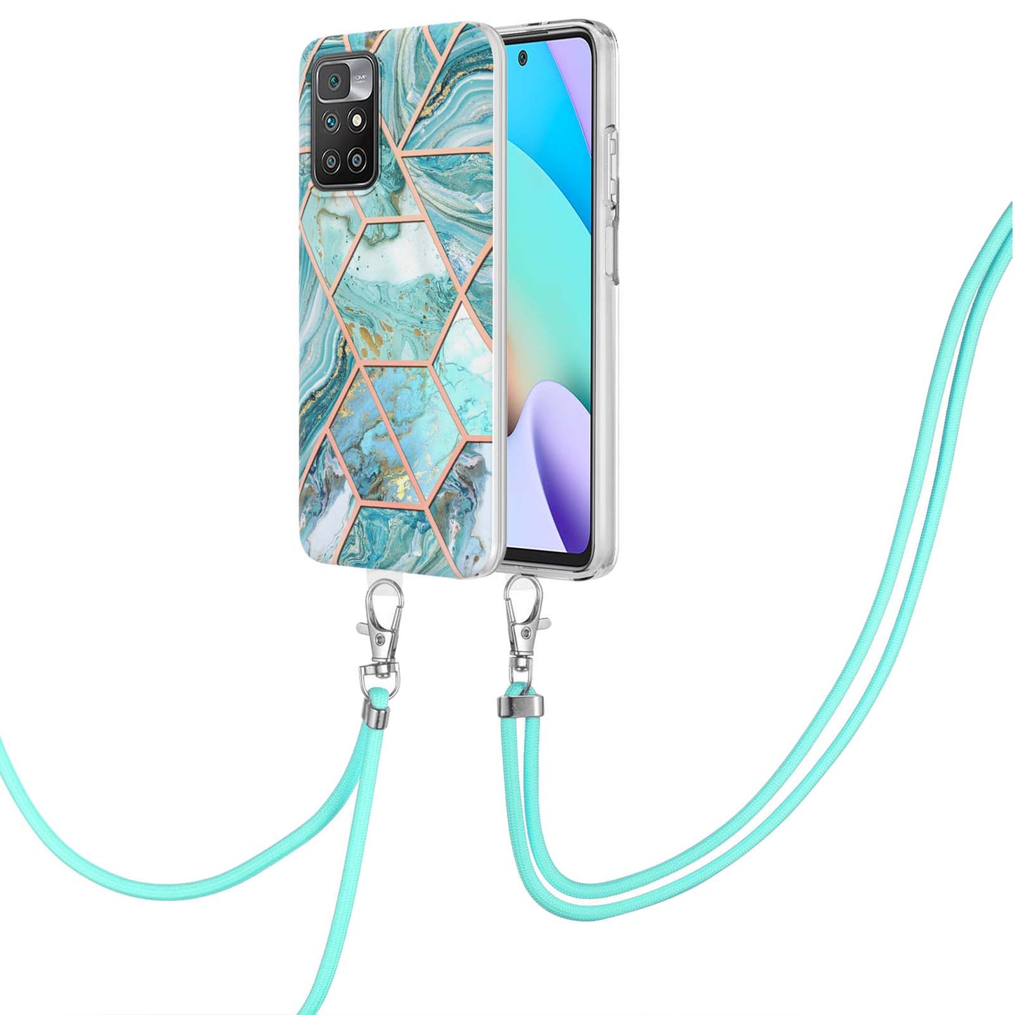 2.0mm Thick Marble Splicing Pattern Ultra Slim Thin Double-sided IMD Electroplating Soft Shockproof TPU Cover with Shoulder Strap for Xiaomi Redmi Note 11 4G (MediaTek)/10 4G (2021)/10 2022 4G/10 Prime