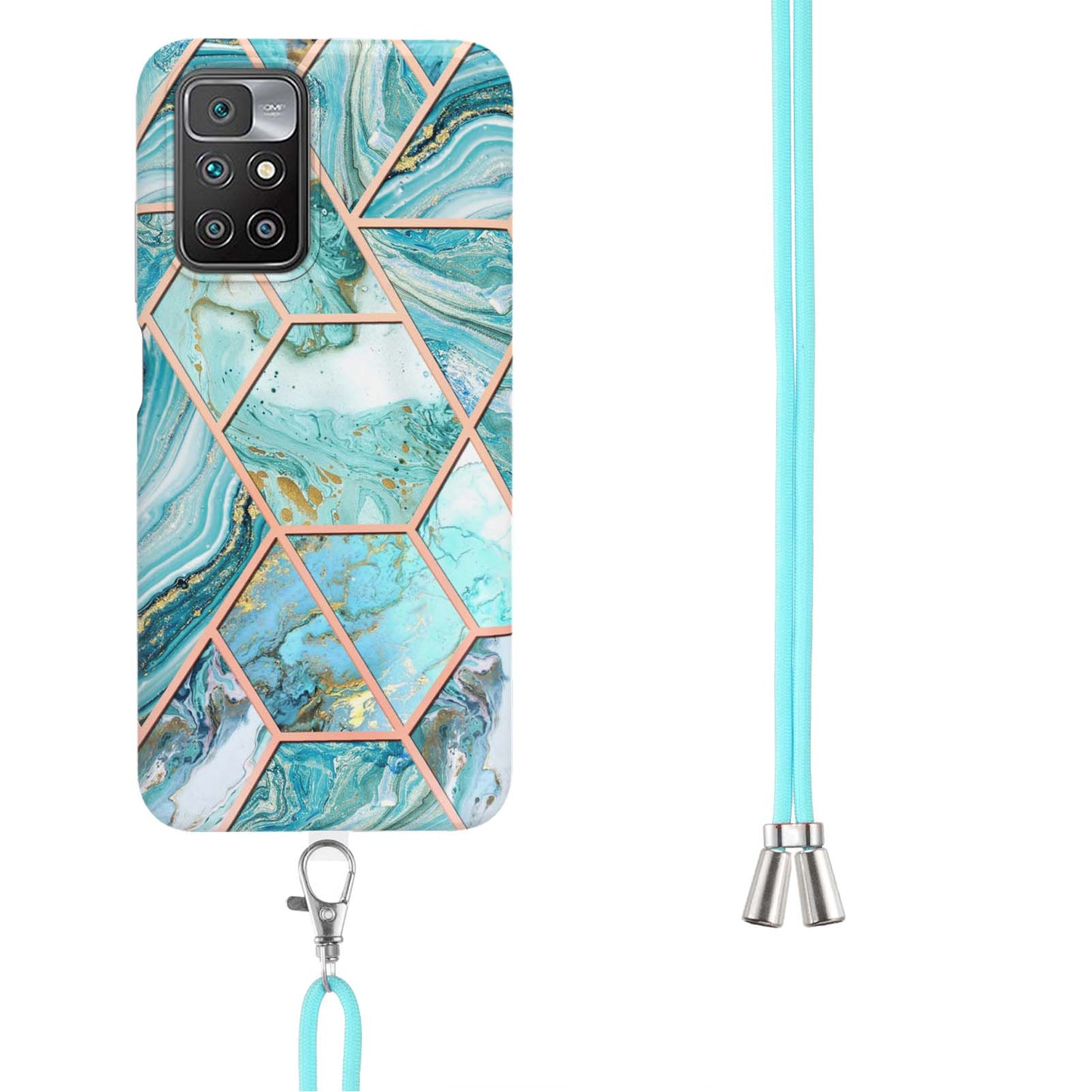 2.0mm Thick Marble Splicing Pattern Ultra Slim Thin Double-sided IMD Electroplating Soft Shockproof TPU Cover with Shoulder Strap for Xiaomi Redmi Note 11 4G (MediaTek)/10 4G (2021)/10 2022 4G/10 Prime