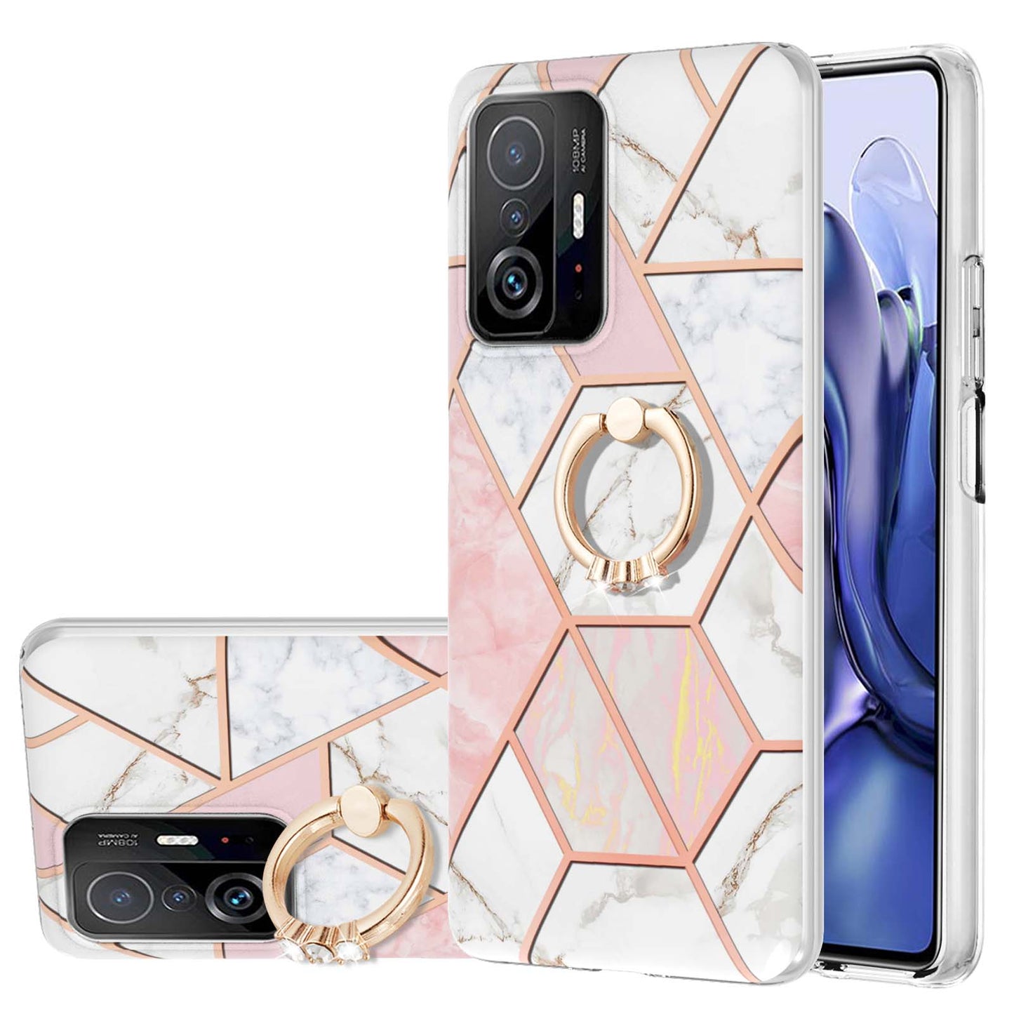2.0mm IMD IML Soft TPU Case Marble Pattern Electroplate Phone Cover with Ring Kickstand for Xiaomi 11T/11T Pro