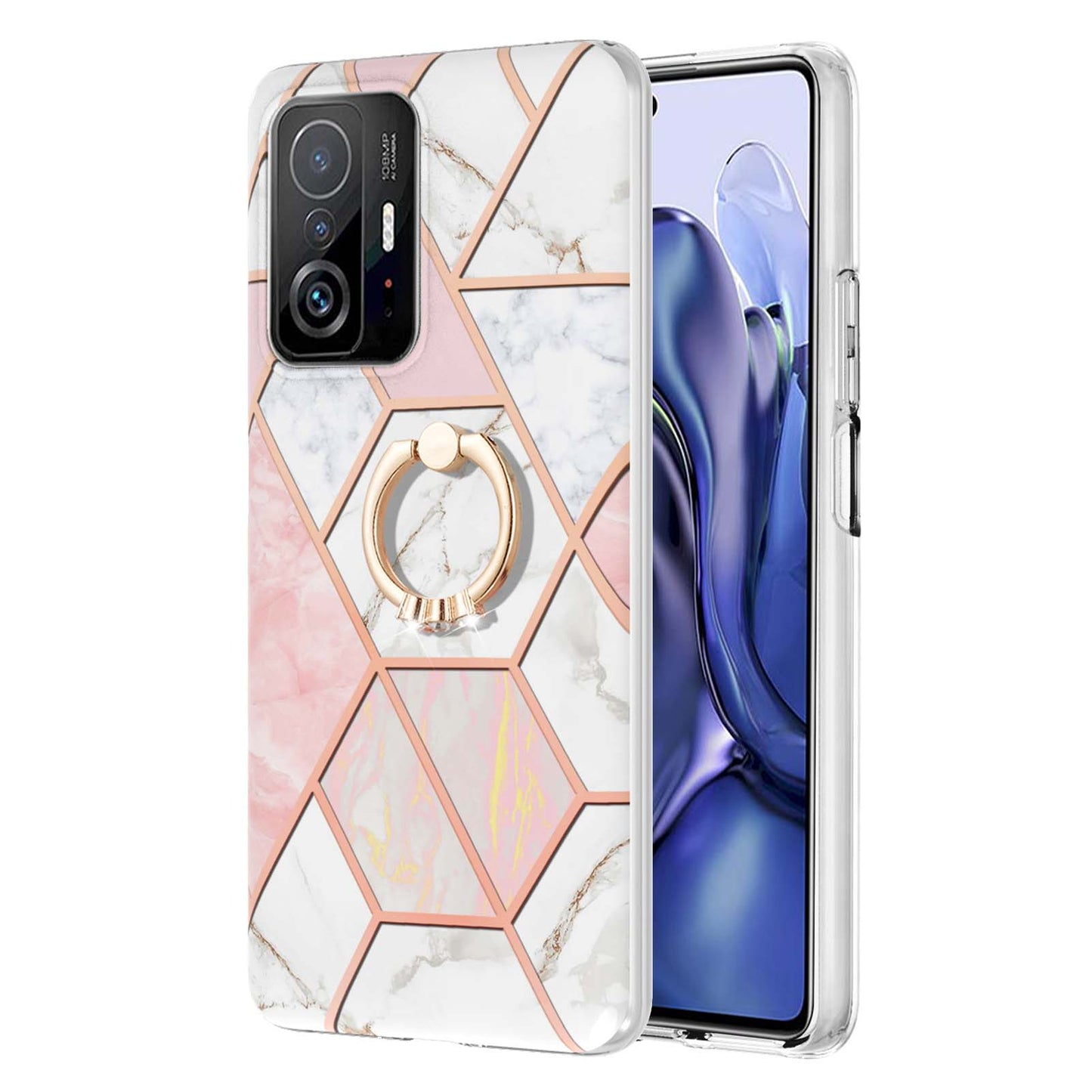 2.0mm IMD IML Soft TPU Case Marble Pattern Electroplate Phone Cover with Ring Kickstand for Xiaomi 11T/11T Pro