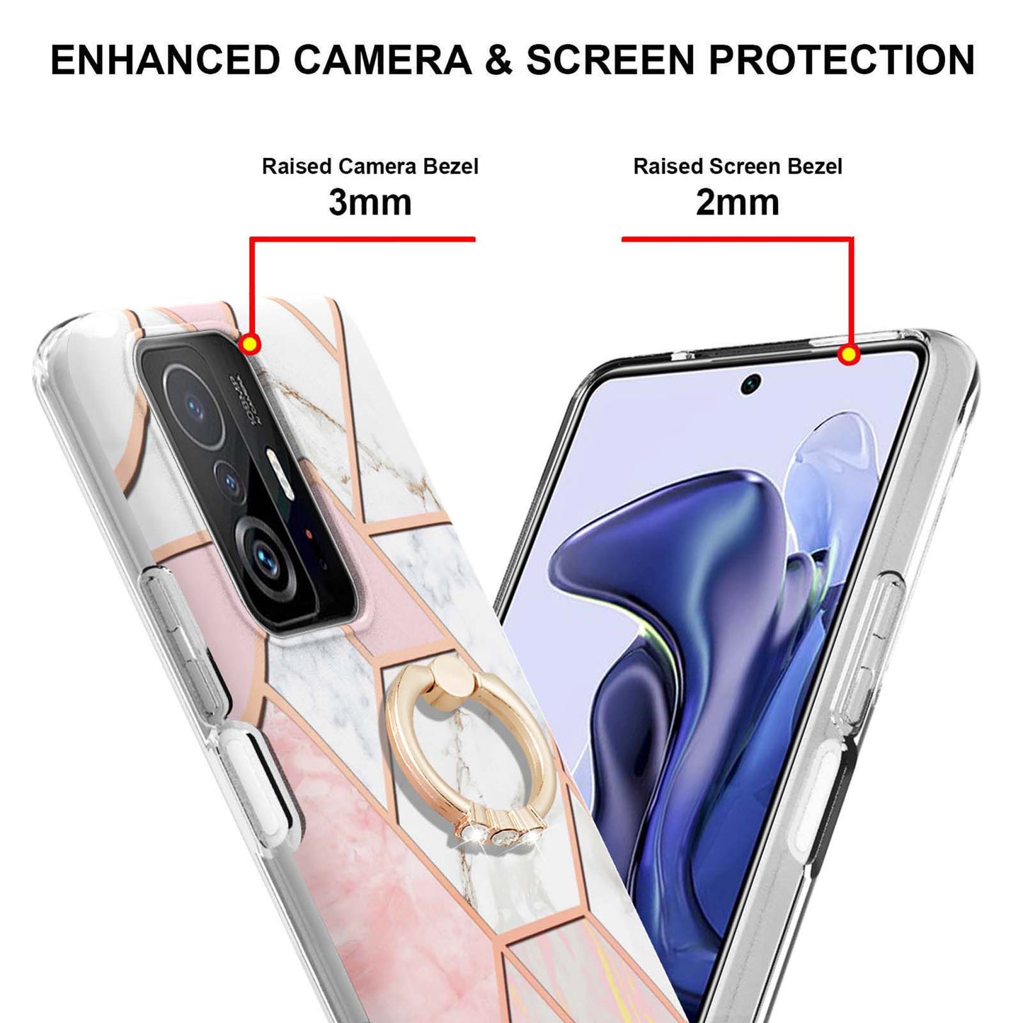 2.0mm IMD IML Soft TPU Case Marble Pattern Electroplate Phone Cover with Ring Kickstand for Xiaomi 11T/11T Pro