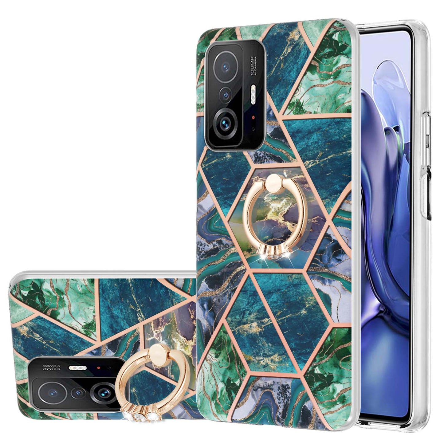 2.0mm IMD IML Soft TPU Case Marble Pattern Electroplate Phone Cover with Ring Kickstand for Xiaomi 11T/11T Pro