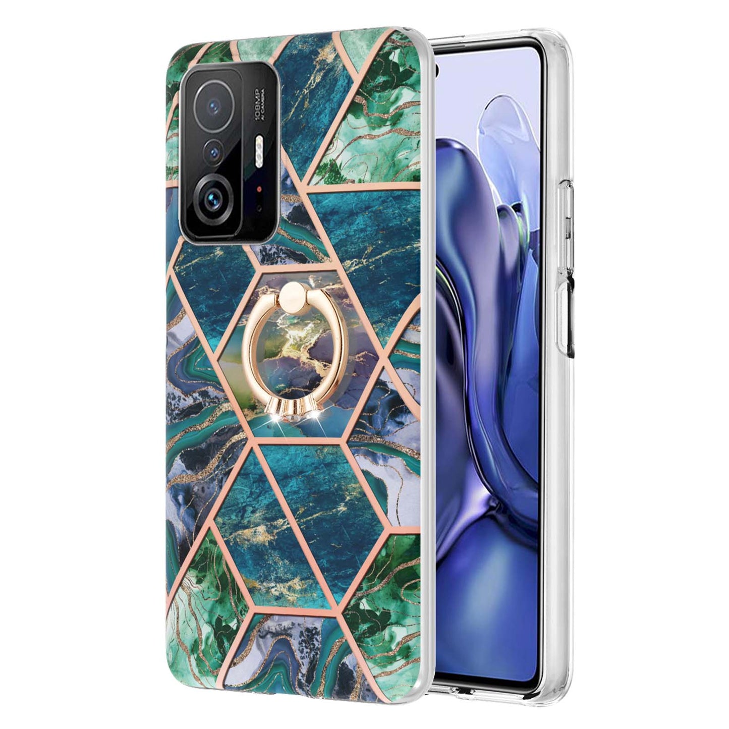 2.0mm IMD IML Soft TPU Case Marble Pattern Electroplate Phone Cover with Ring Kickstand for Xiaomi 11T/11T Pro