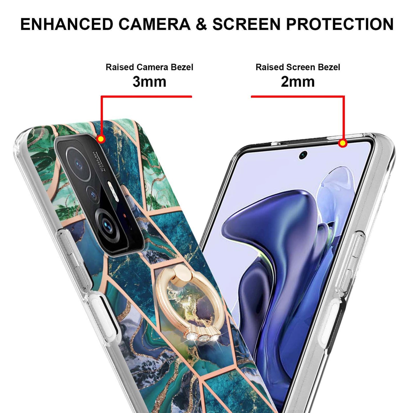 2.0mm IMD IML Soft TPU Case Marble Pattern Electroplate Phone Cover with Ring Kickstand for Xiaomi 11T/11T Pro