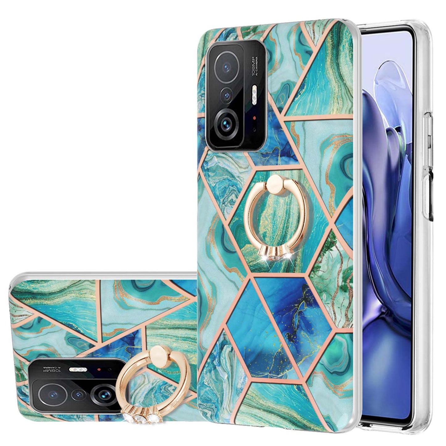 2.0mm IMD IML Soft TPU Case Marble Pattern Electroplate Phone Cover with Ring Kickstand for Xiaomi 11T/11T Pro