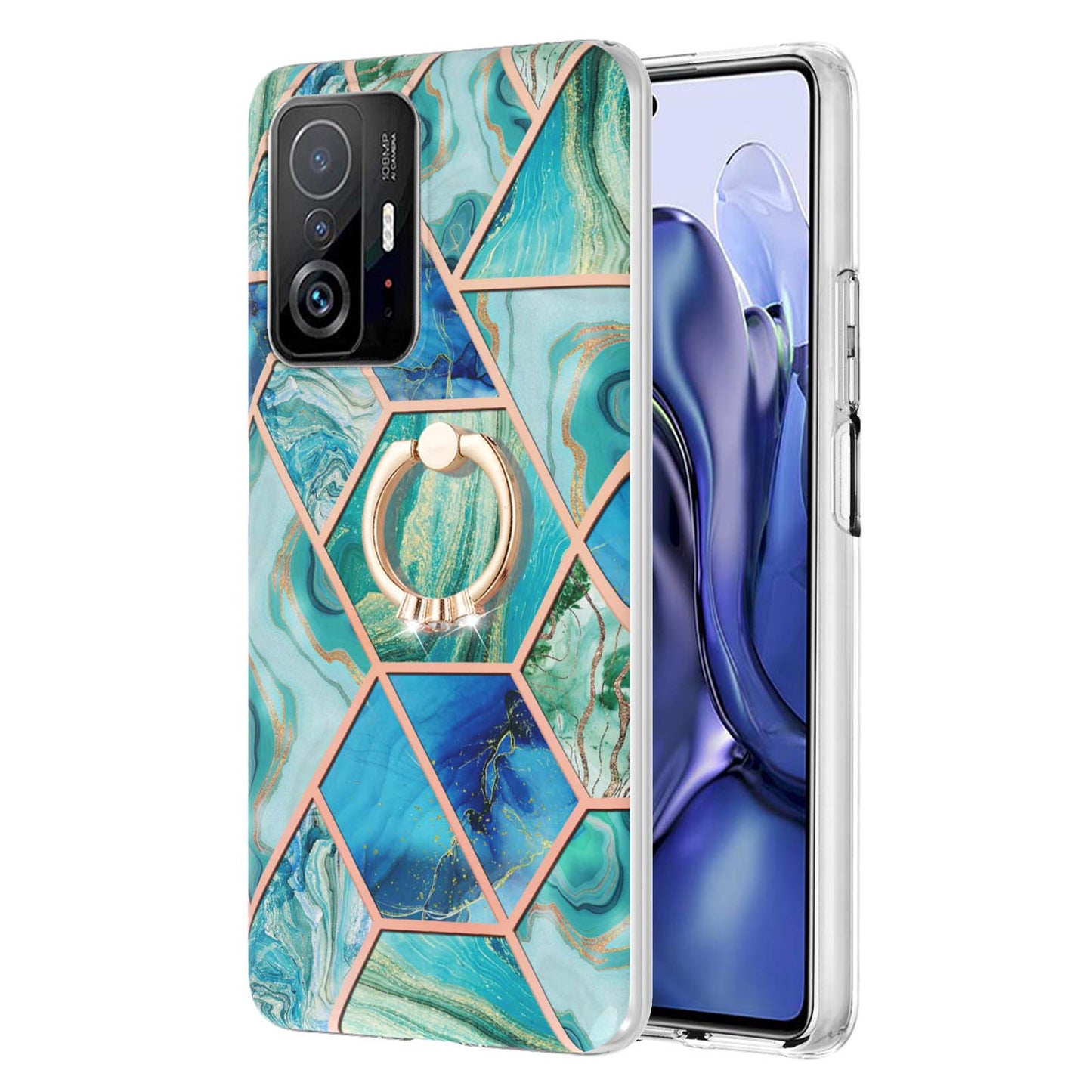 2.0mm IMD IML Soft TPU Case Marble Pattern Electroplate Phone Cover with Ring Kickstand for Xiaomi 11T/11T Pro