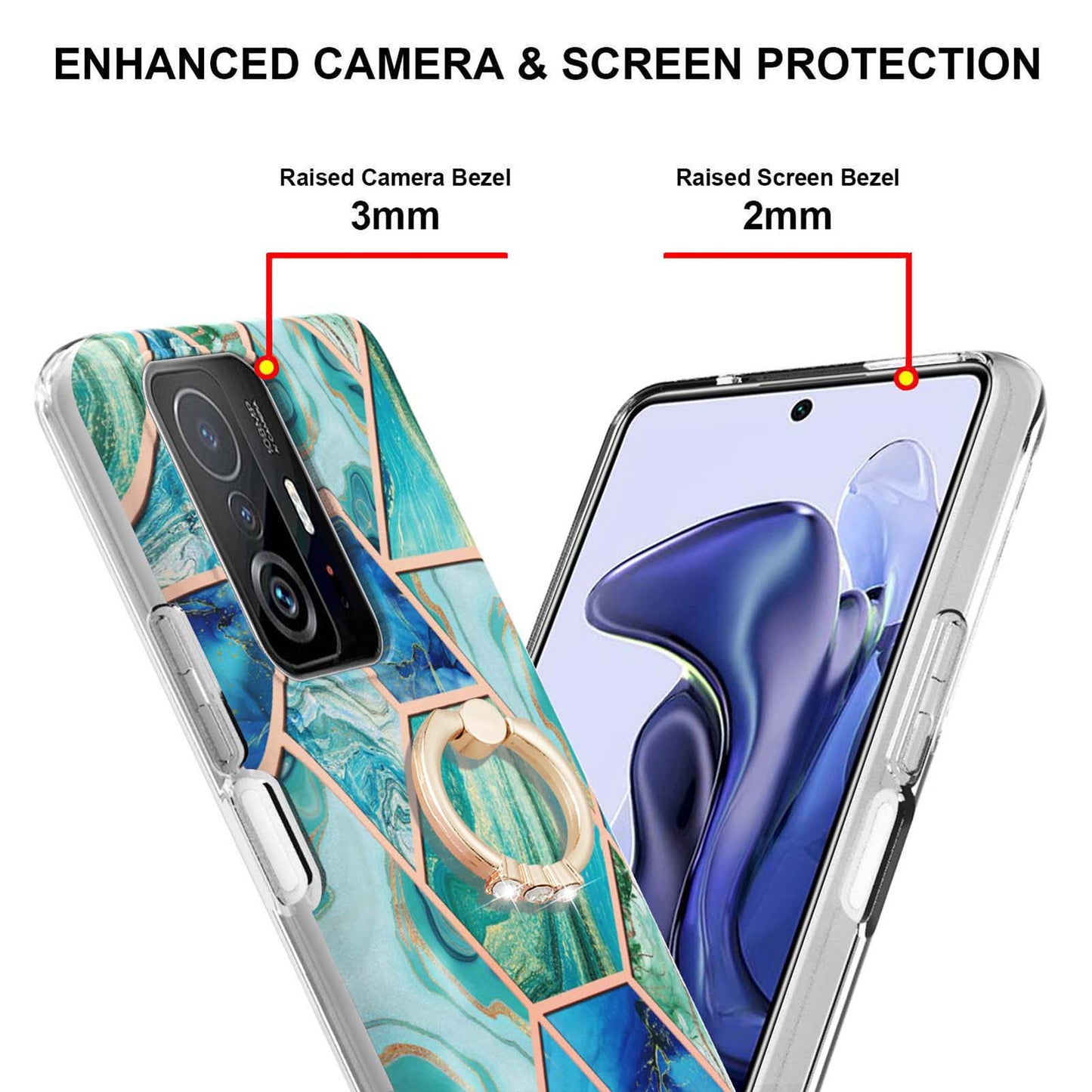 2.0mm IMD IML Soft TPU Case Marble Pattern Electroplate Phone Cover with Ring Kickstand for Xiaomi 11T/11T Pro