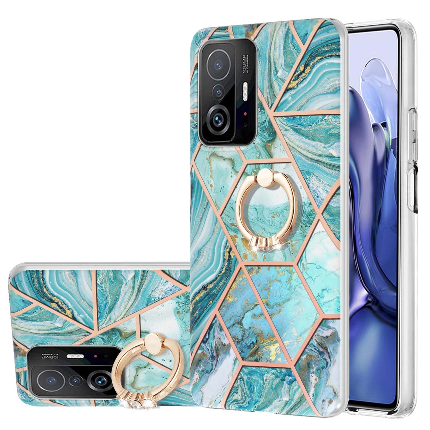 2.0mm IMD IML Soft TPU Case Marble Pattern Electroplate Phone Cover with Ring Kickstand for Xiaomi 11T/11T Pro
