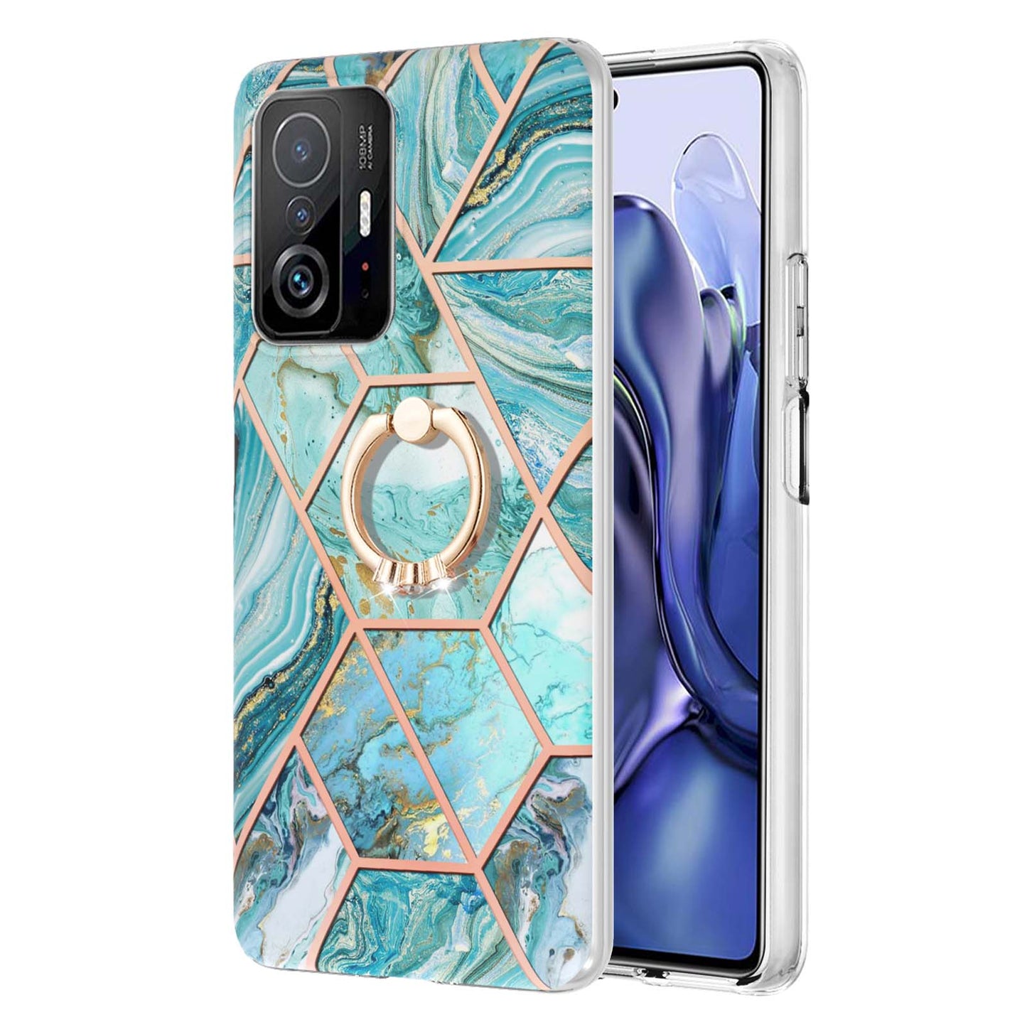 2.0mm IMD IML Soft TPU Case Marble Pattern Electroplate Phone Cover with Ring Kickstand for Xiaomi 11T/11T Pro