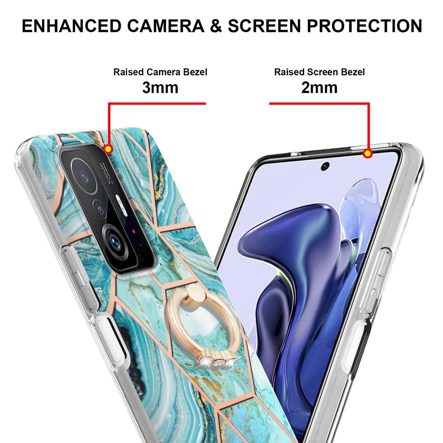 2.0mm IMD IML Soft TPU Case Marble Pattern Electroplate Phone Cover with Ring Kickstand for Xiaomi 11T/11T Pro