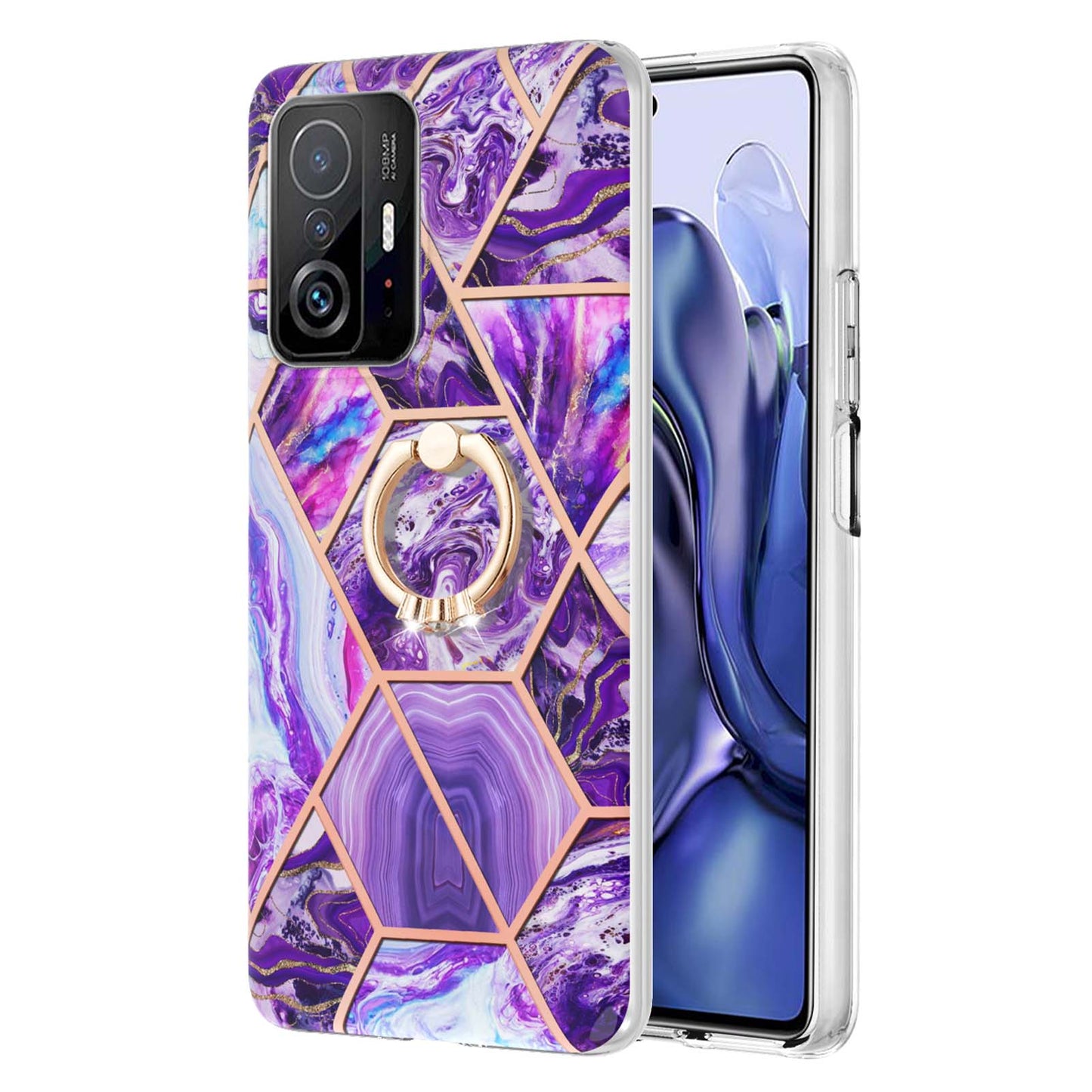 2.0mm IMD IML Soft TPU Case Marble Pattern Electroplate Phone Cover with Ring Kickstand for Xiaomi 11T/11T Pro