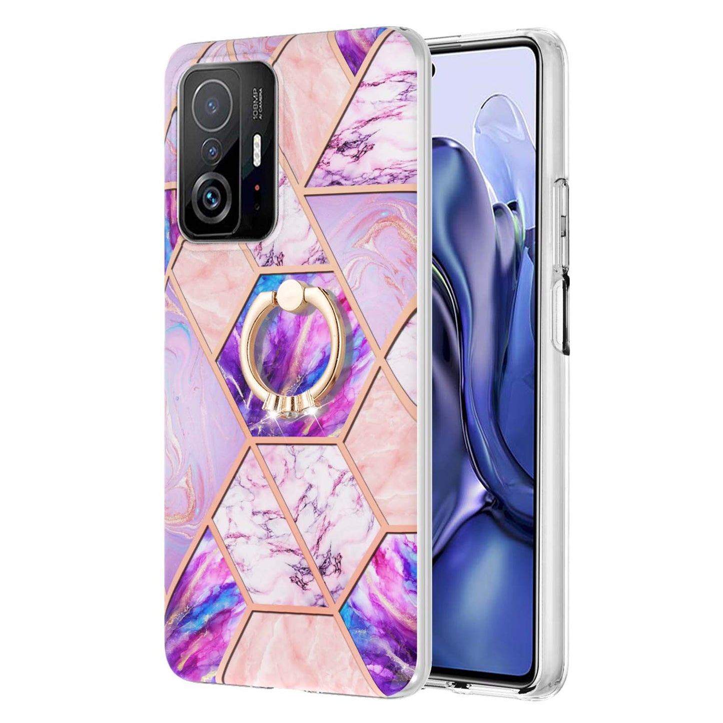 2.0mm IMD IML Soft TPU Case Marble Pattern Electroplate Phone Cover with Ring Kickstand for Xiaomi 11T/11T Pro