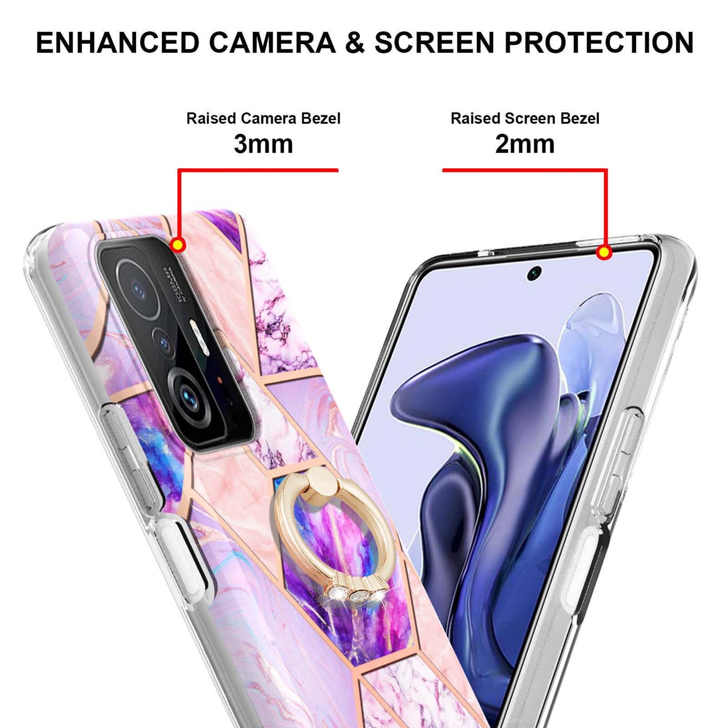 2.0mm IMD IML Soft TPU Case Marble Pattern Electroplate Phone Cover with Ring Kickstand for Xiaomi 11T/11T Pro