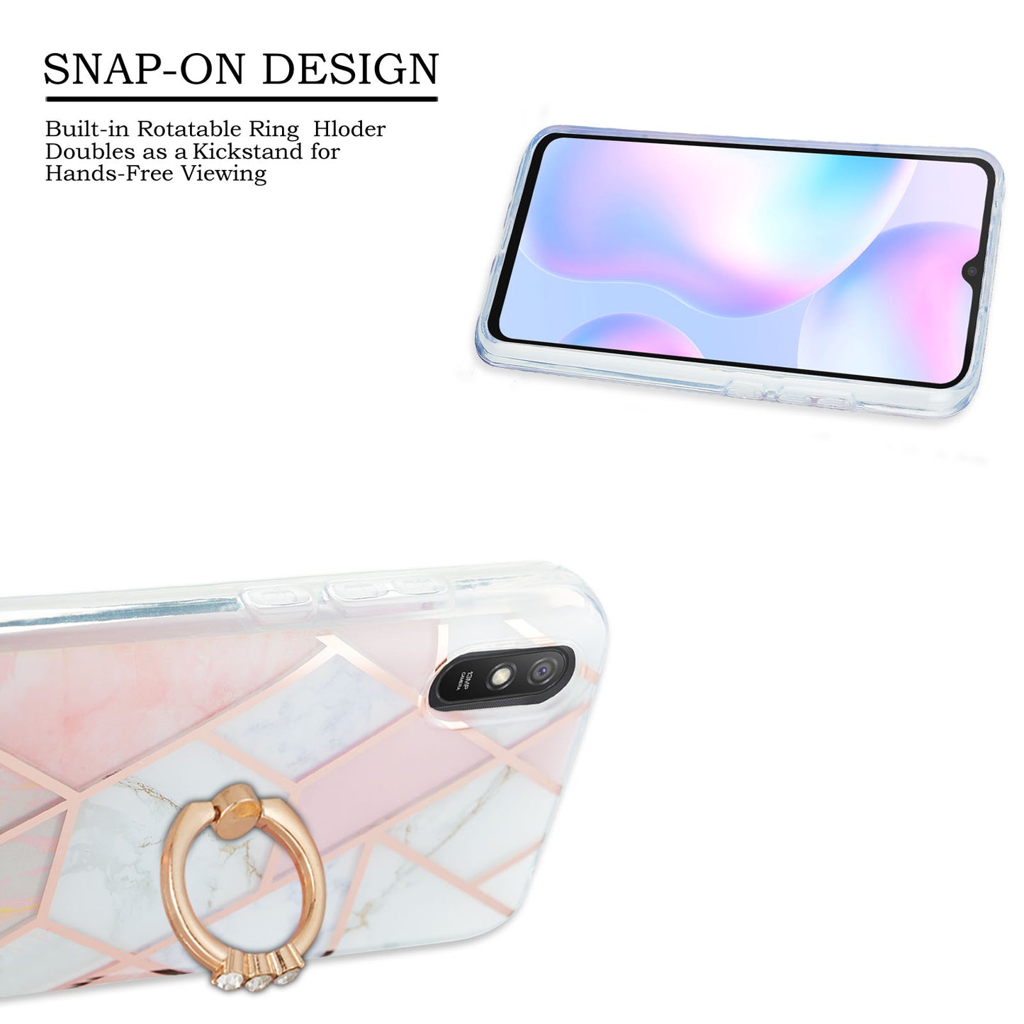 2.0mm TPU Phone Kickstand Cover Anti-Collision IMD IML Marble Pattern Electroplating Case for Xiaomi Redmi 9A