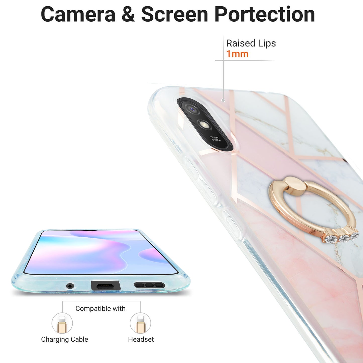2.0mm TPU Phone Kickstand Cover Anti-Collision IMD IML Marble Pattern Electroplating Case for Xiaomi Redmi 9A