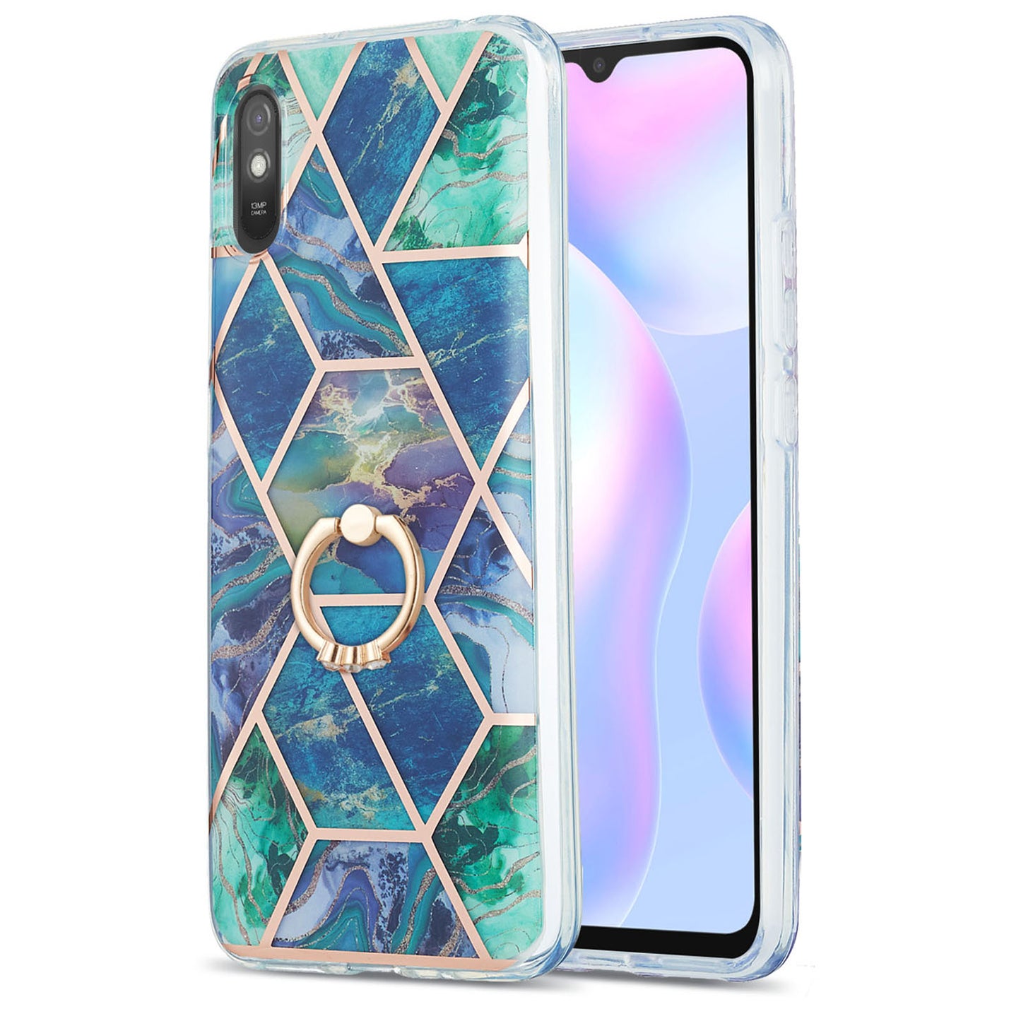 2.0mm TPU Phone Kickstand Cover Anti-Collision IMD IML Marble Pattern Electroplating Case for Xiaomi Redmi 9A