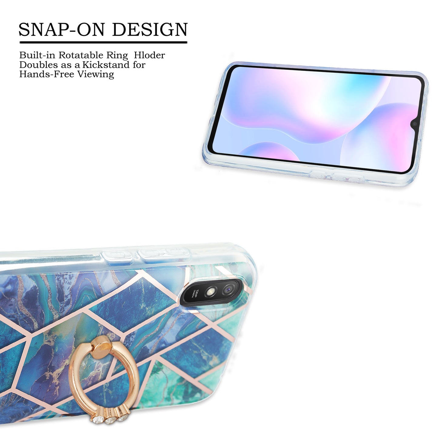 2.0mm TPU Phone Kickstand Cover Anti-Collision IMD IML Marble Pattern Electroplating Case for Xiaomi Redmi 9A