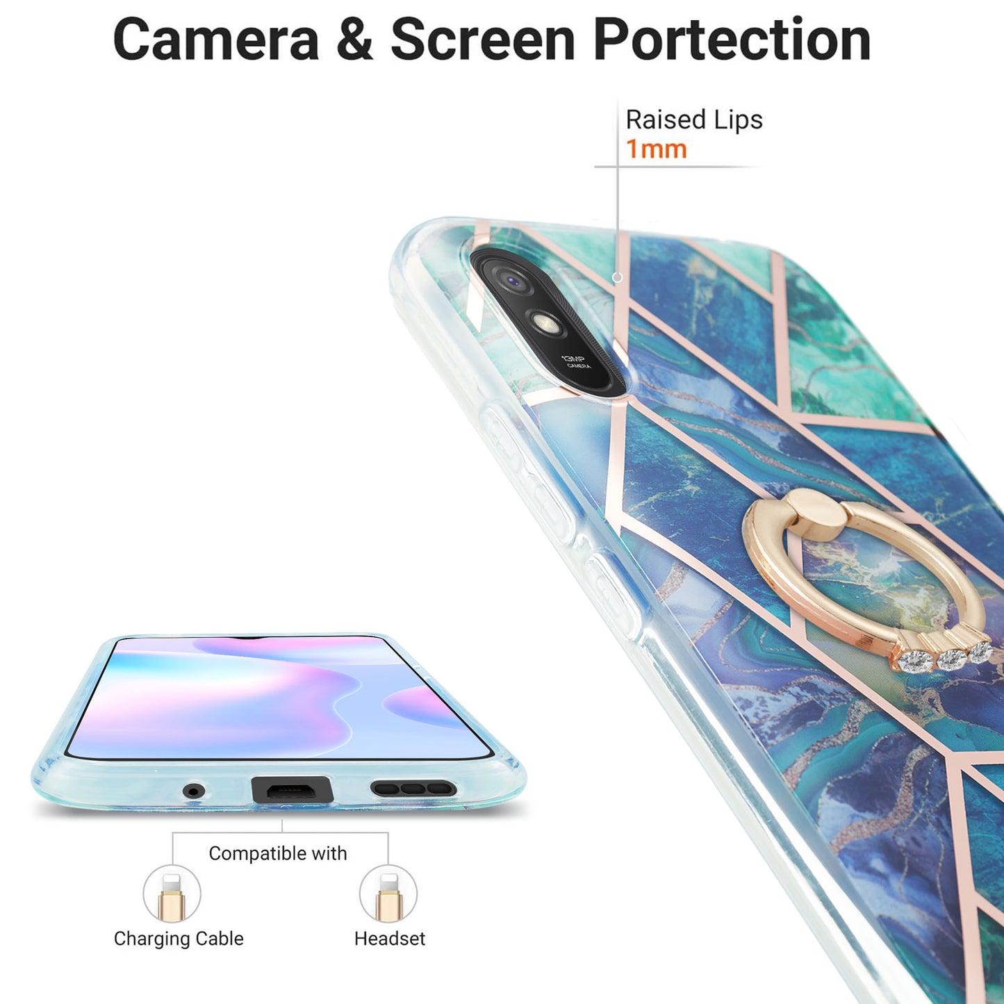 2.0mm TPU Phone Kickstand Cover Anti-Collision IMD IML Marble Pattern Electroplating Case for Xiaomi Redmi 9A