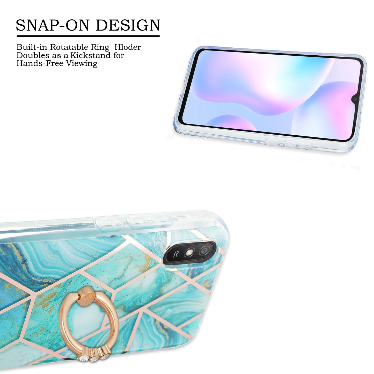 2.0mm TPU Phone Kickstand Cover Anti-Collision IMD IML Marble Pattern Electroplating Case for Xiaomi Redmi 9A