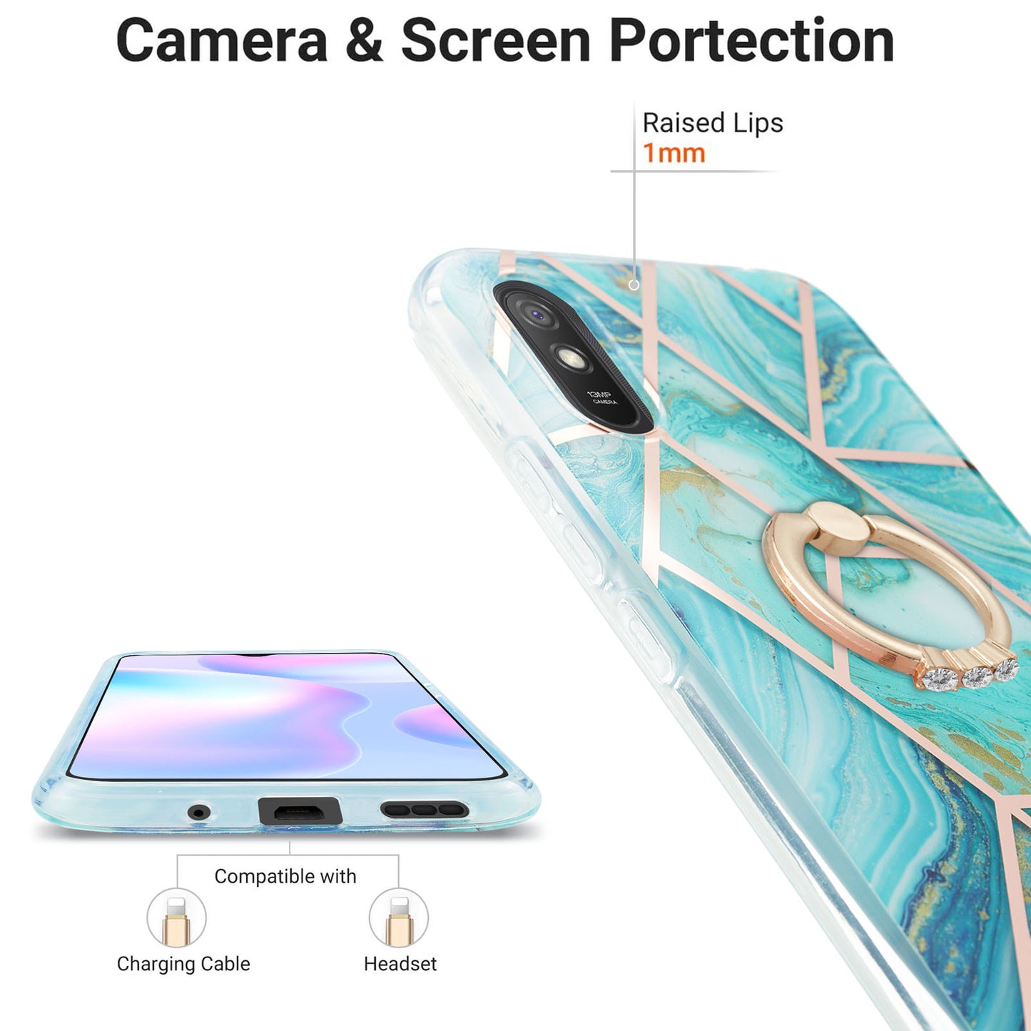 2.0mm TPU Phone Kickstand Cover Anti-Collision IMD IML Marble Pattern Electroplating Case for Xiaomi Redmi 9A
