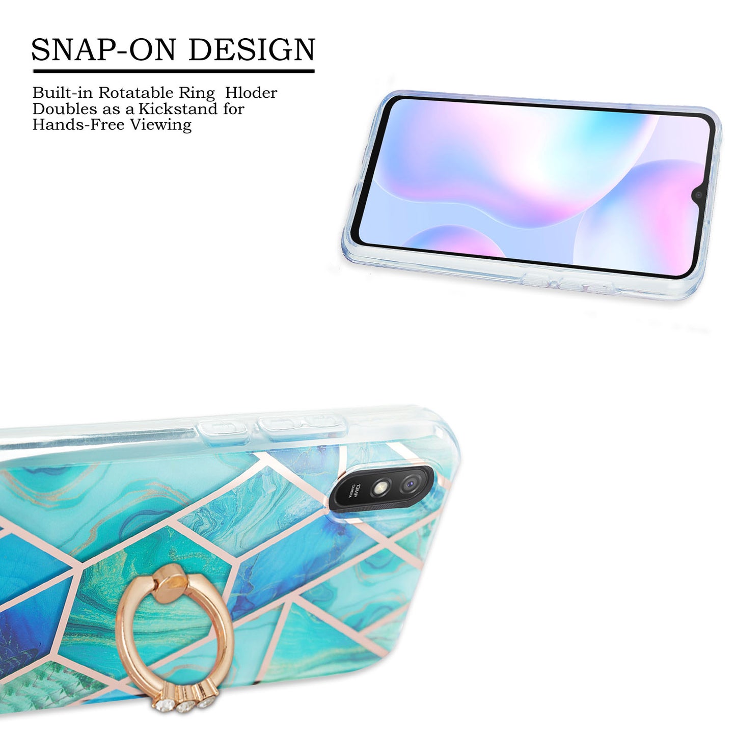 2.0mm TPU Phone Kickstand Cover Anti-Collision IMD IML Marble Pattern Electroplating Case for Xiaomi Redmi 9A