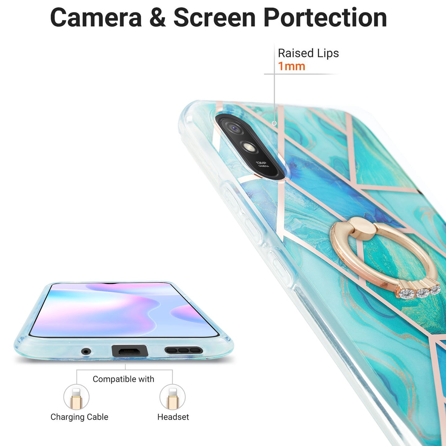 2.0mm TPU Phone Kickstand Cover Anti-Collision IMD IML Marble Pattern Electroplating Case for Xiaomi Redmi 9A