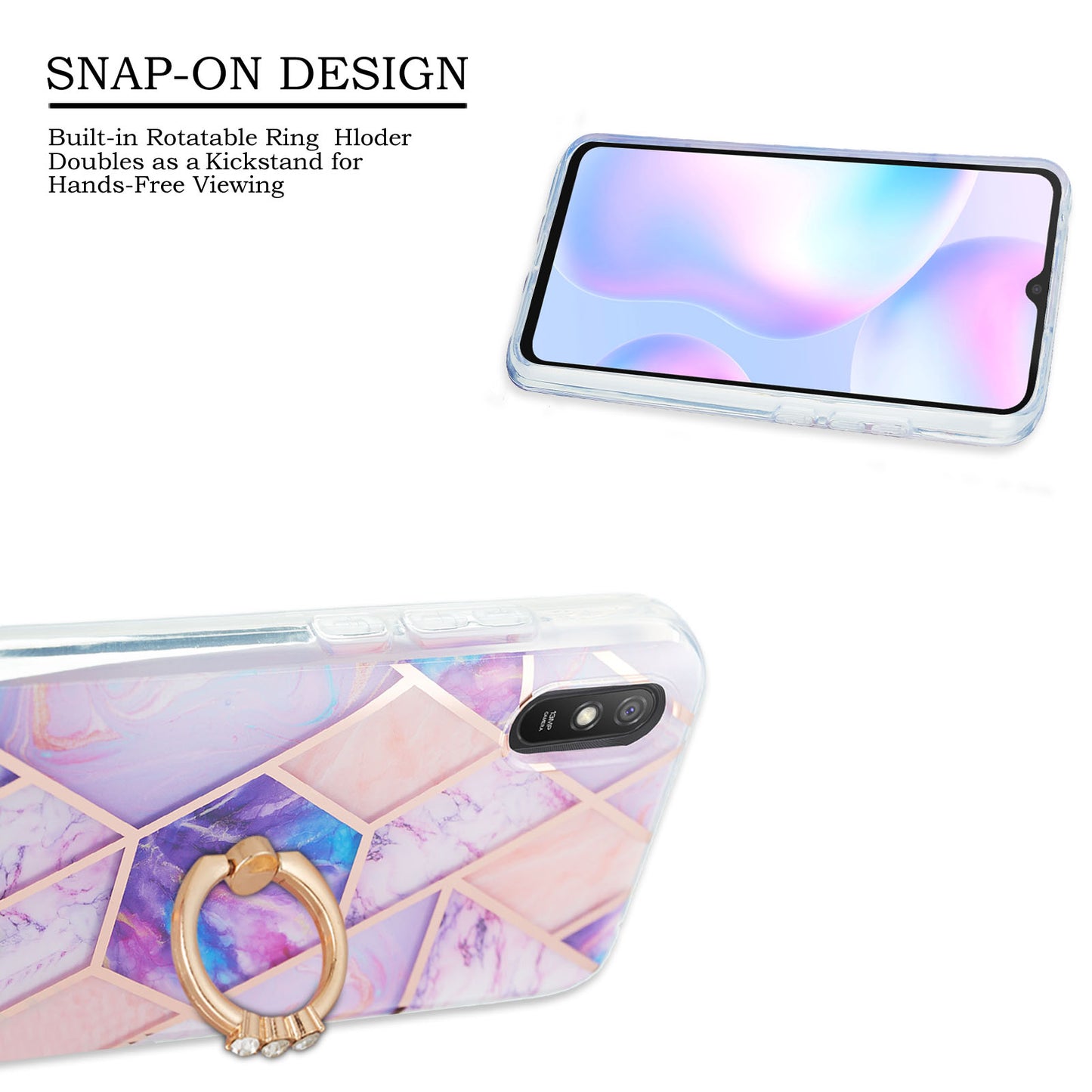 2.0mm TPU Phone Kickstand Cover Anti-Collision IMD IML Marble Pattern Electroplating Case for Xiaomi Redmi 9A