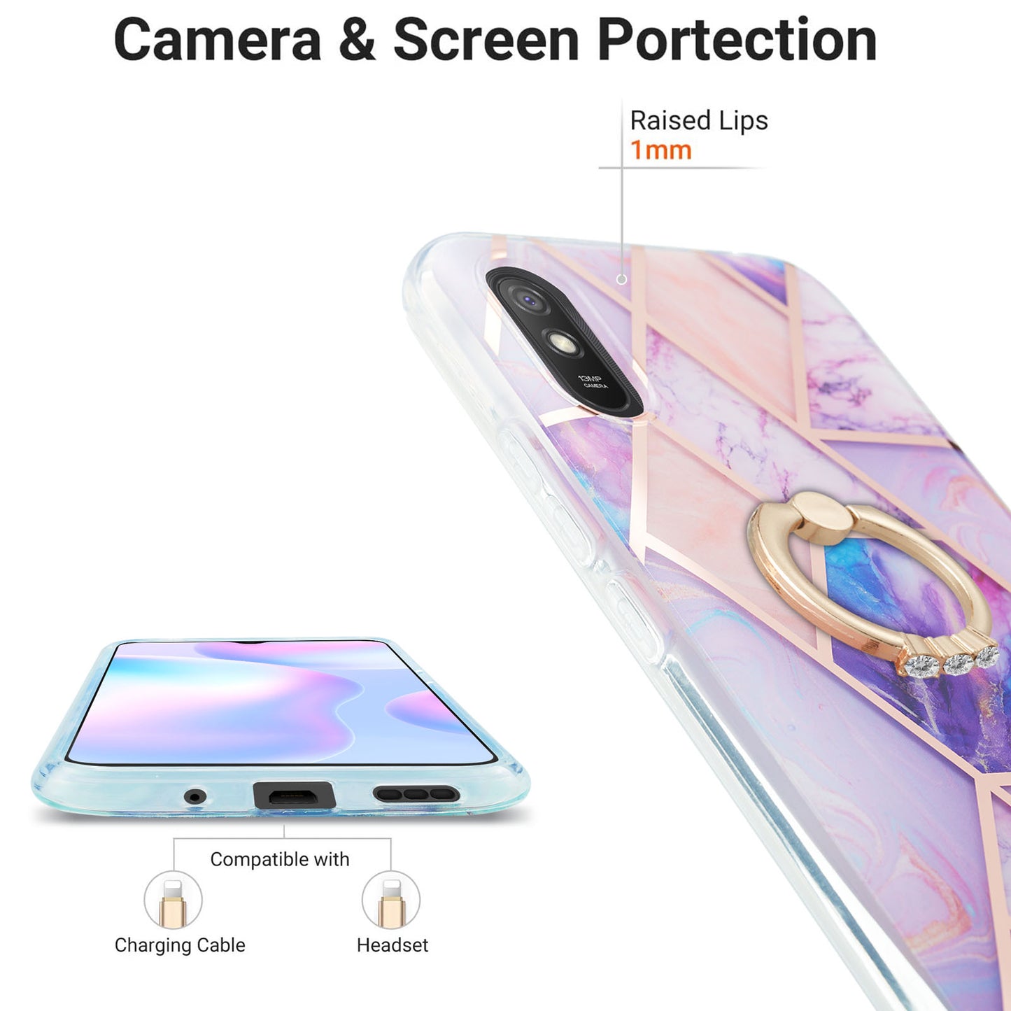 2.0mm TPU Phone Kickstand Cover Anti-Collision IMD IML Marble Pattern Electroplating Case for Xiaomi Redmi 9A