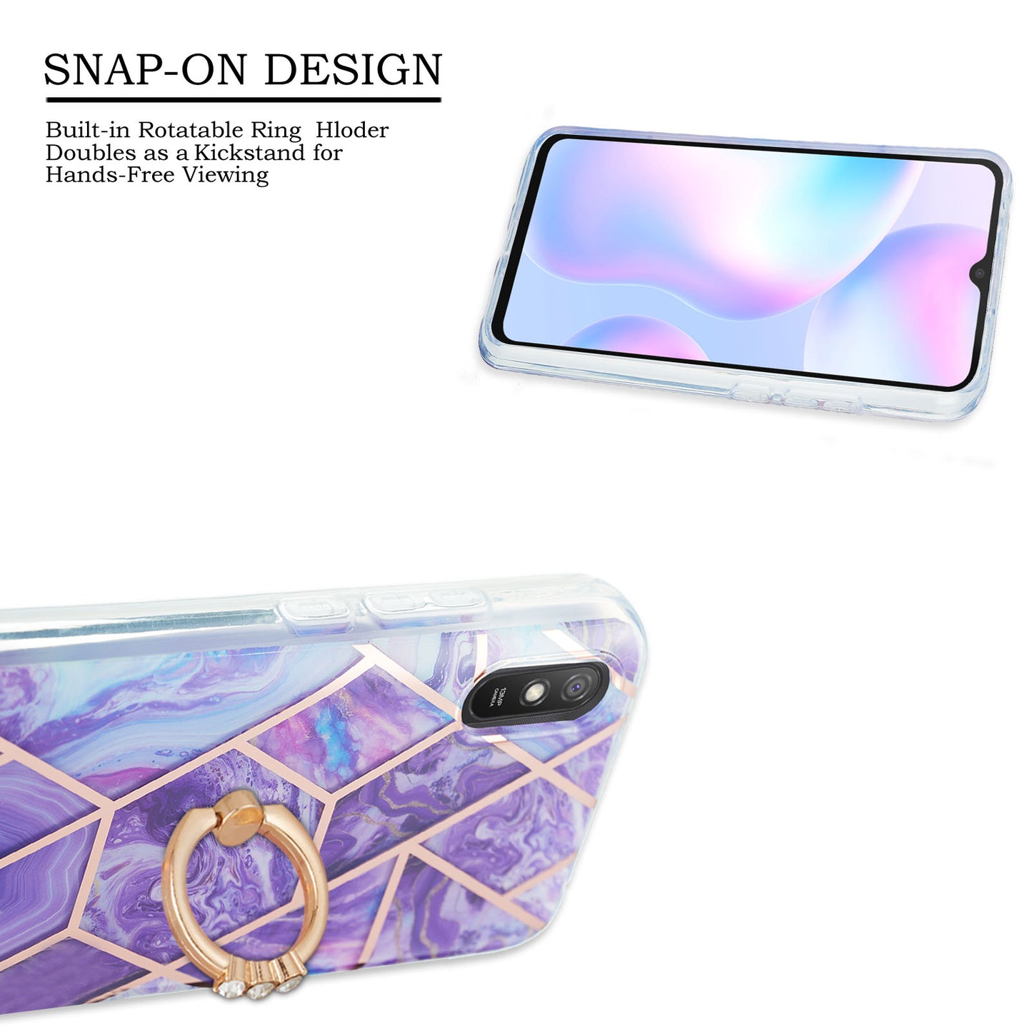 2.0mm TPU Phone Kickstand Cover Anti-Collision IMD IML Marble Pattern Electroplating Case for Xiaomi Redmi 9A
