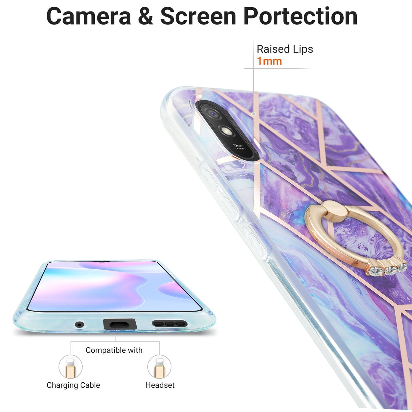 2.0mm TPU Phone Kickstand Cover Anti-Collision IMD IML Marble Pattern Electroplating Case for Xiaomi Redmi 9A