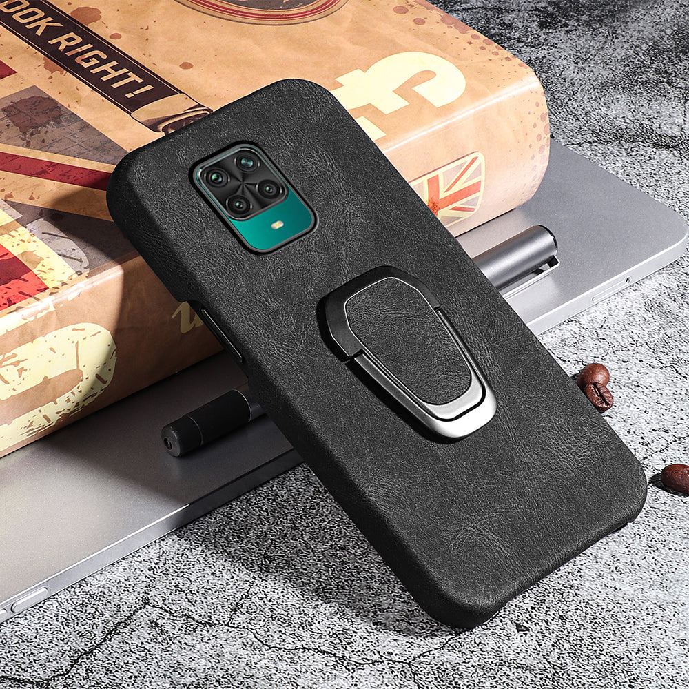 PU Leather Coated Soft PC Well-protected Anti-drop Mobile Phone with Ring Kickstand for Xiaomi Redmi Note 9 Pro/Redmi Note 9 Pro Max/Redmi Note 9S