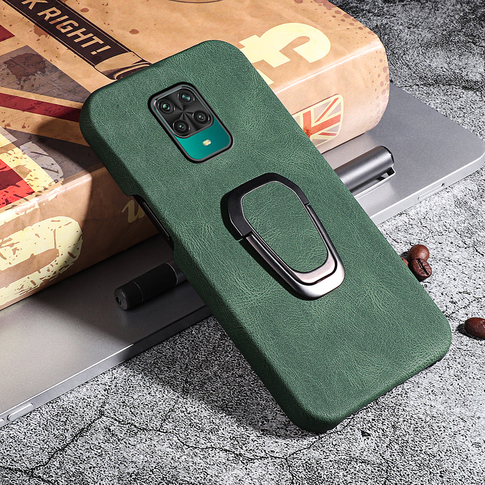 PU Leather Coated Soft PC Well-protected Anti-drop Mobile Phone with Ring Kickstand for Xiaomi Redmi Note 9 Pro/Redmi Note 9 Pro Max/Redmi Note 9S