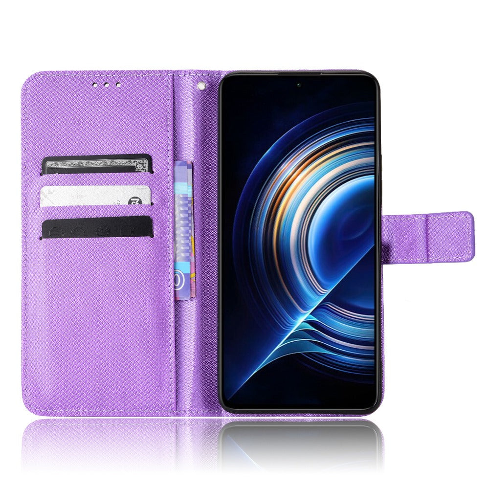 For Xiaomi Redmi K50/K50 Pro Diamond Texture PU Leather Well-protected Phone Case Wallet Stand Cover with Strap