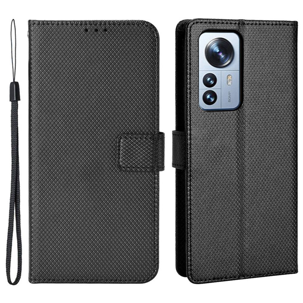 For Xiaomi 12/12X/12S 5G PU Leather Wallet Book Stand View Cover Diamond Texture Flip Phone Case with Wrist Strap