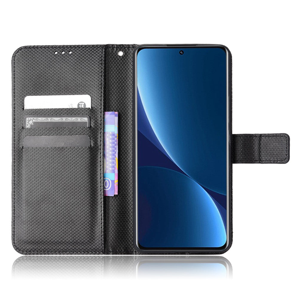 For Xiaomi 12/12X/12S 5G PU Leather Wallet Book Stand View Cover Diamond Texture Flip Phone Case with Wrist Strap