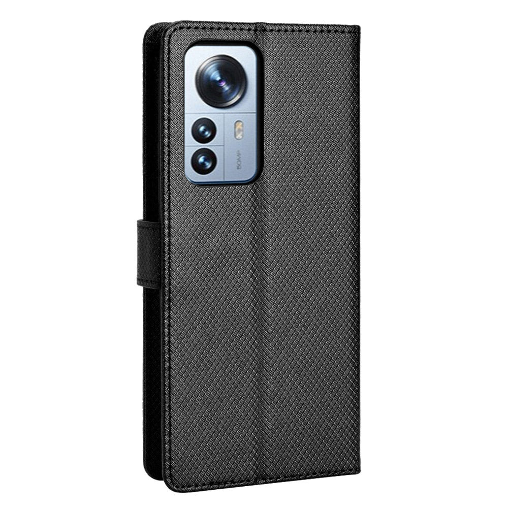 For Xiaomi 12/12X/12S 5G PU Leather Wallet Book Stand View Cover Diamond Texture Flip Phone Case with Wrist Strap