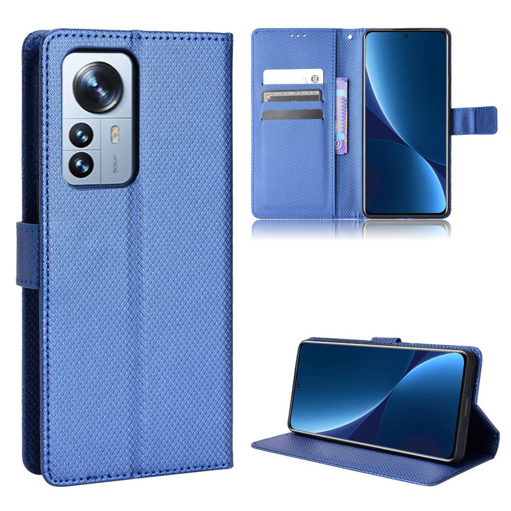 For Xiaomi 12/12X/12S 5G PU Leather Wallet Book Stand View Cover Diamond Texture Flip Phone Case with Wrist Strap