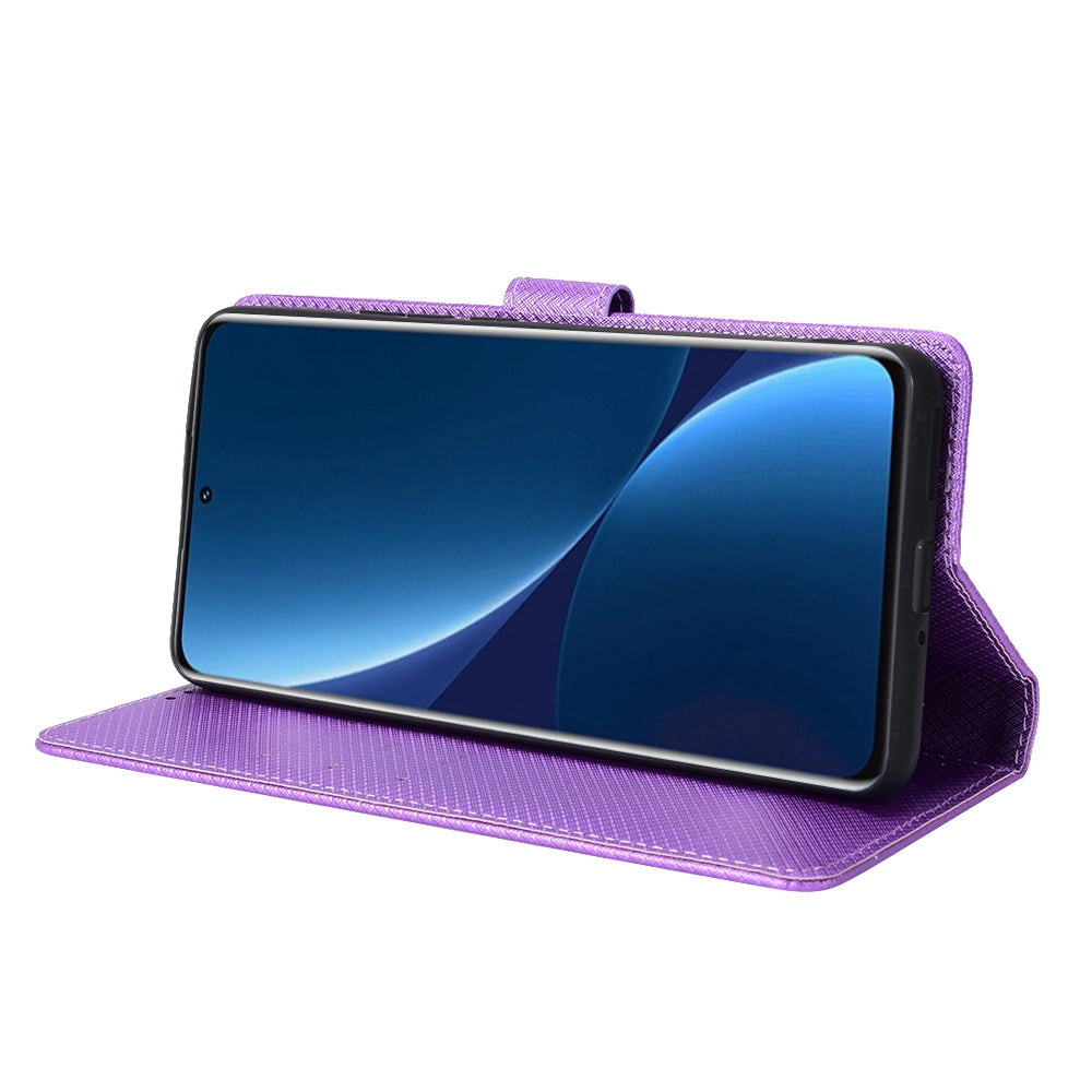 For Xiaomi 12/12X/12S 5G PU Leather Wallet Book Stand View Cover Diamond Texture Flip Phone Case with Wrist Strap