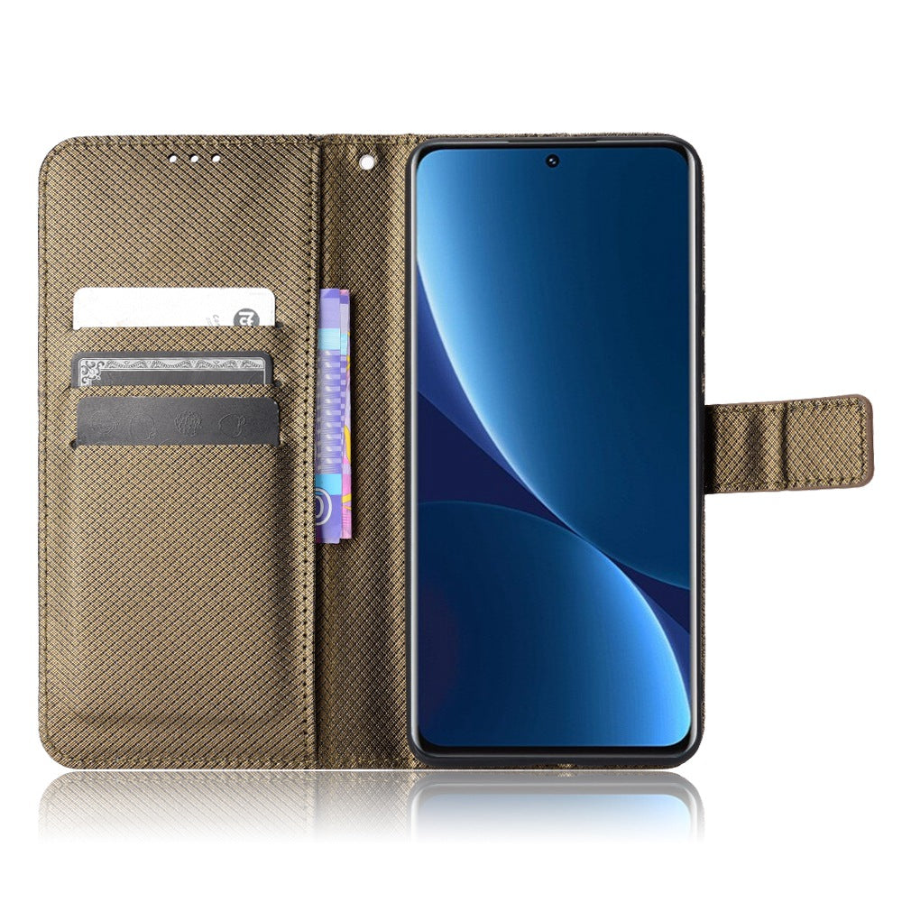 For Xiaomi 12/12X/12S 5G PU Leather Wallet Book Stand View Cover Diamond Texture Flip Phone Case with Wrist Strap