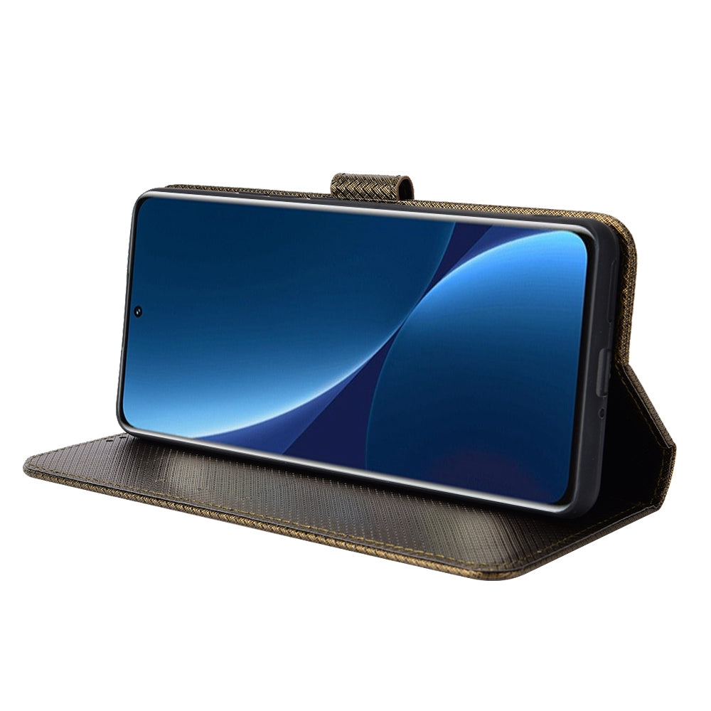 For Xiaomi 12/12X/12S 5G PU Leather Wallet Book Stand View Cover Diamond Texture Flip Phone Case with Wrist Strap