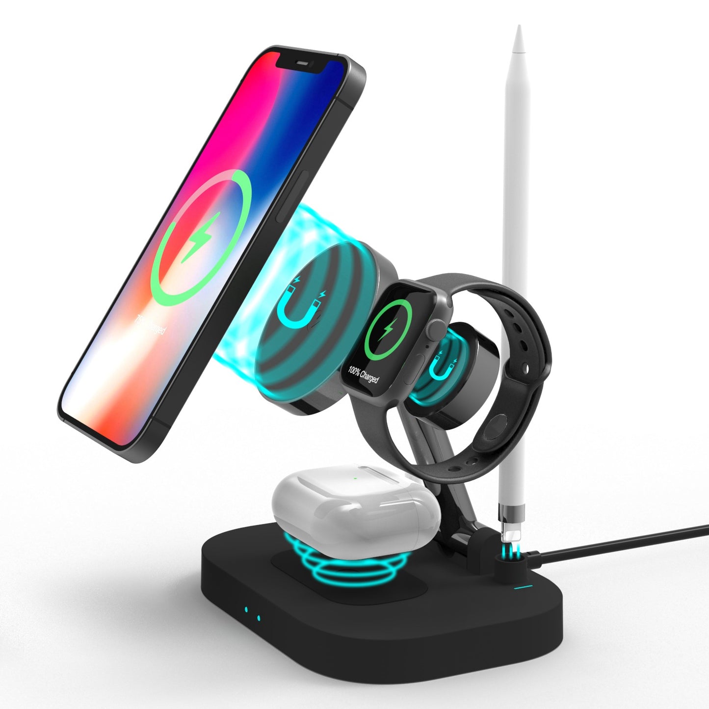T2 4-in-1 15W Magnetic Wireless Charger Desktop Wireless Charging Stand Dock for iPhone 12 Series iWatch AirPods Apple Pencil