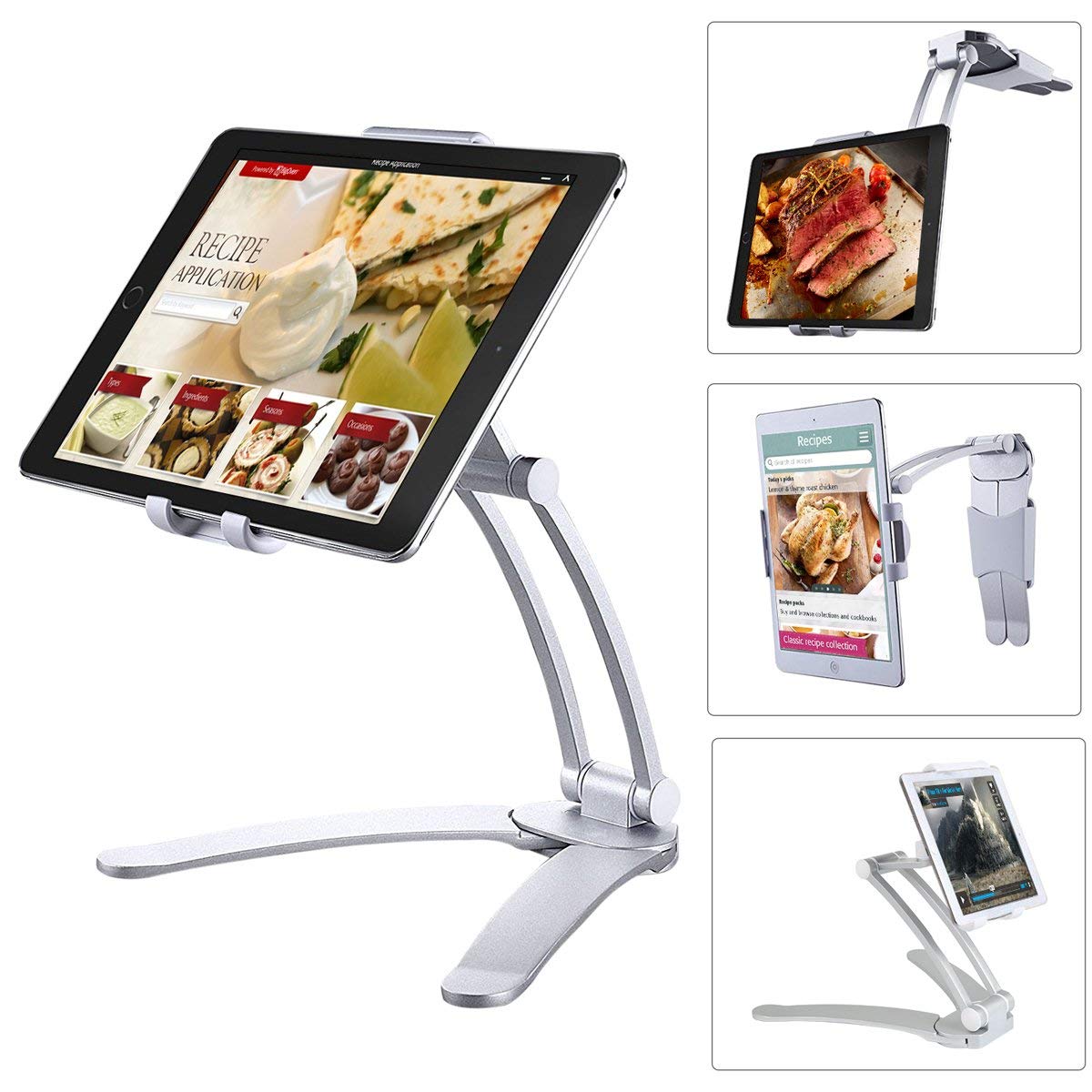 2-in-1 Desktop/Wall Mount Adjustable Tablet Holder Aluminum Kitchen Tablet Stand Bracket for iPad 2018/iPad Pro/iPad Mini