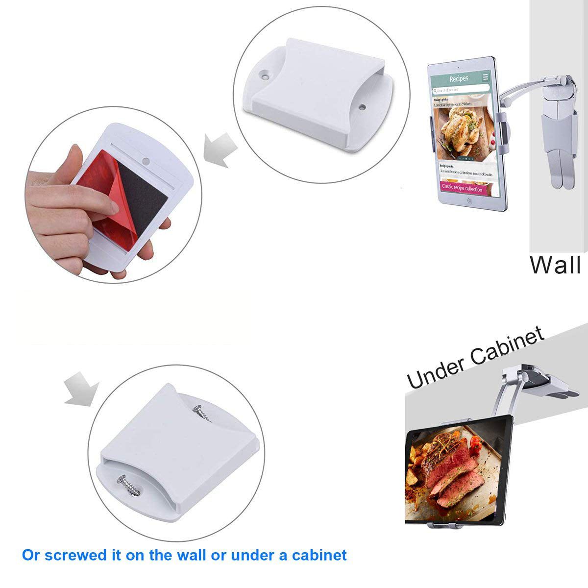 2-in-1 Desktop/Wall Mount Adjustable Tablet Holder Aluminum Kitchen Tablet Stand Bracket for iPad 2018/iPad Pro/iPad Mini