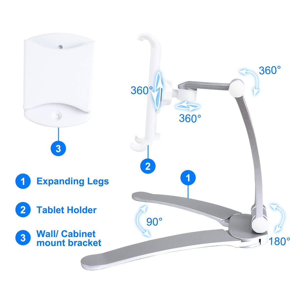 2-in-1 Desktop/Wall Mount Adjustable Tablet Holder Aluminum Kitchen Tablet Stand Bracket for iPad 2018/iPad Pro/iPad Mini